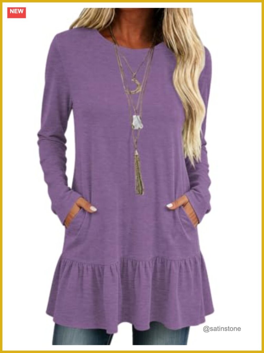 Women's Ruffle Hem Long Sleeve Tunic Top - Casual Round Neck Blouse
